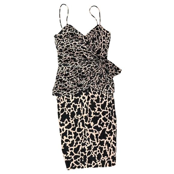 Vintage 80s Pink Black Leopard Ruched Peplum Sleeveless Silk Mini Dress size 4 - Picture 1 of 13
